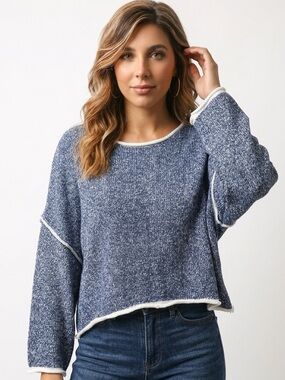 POL Oversized blue & white crop boho mid weight crewneck sweater New small